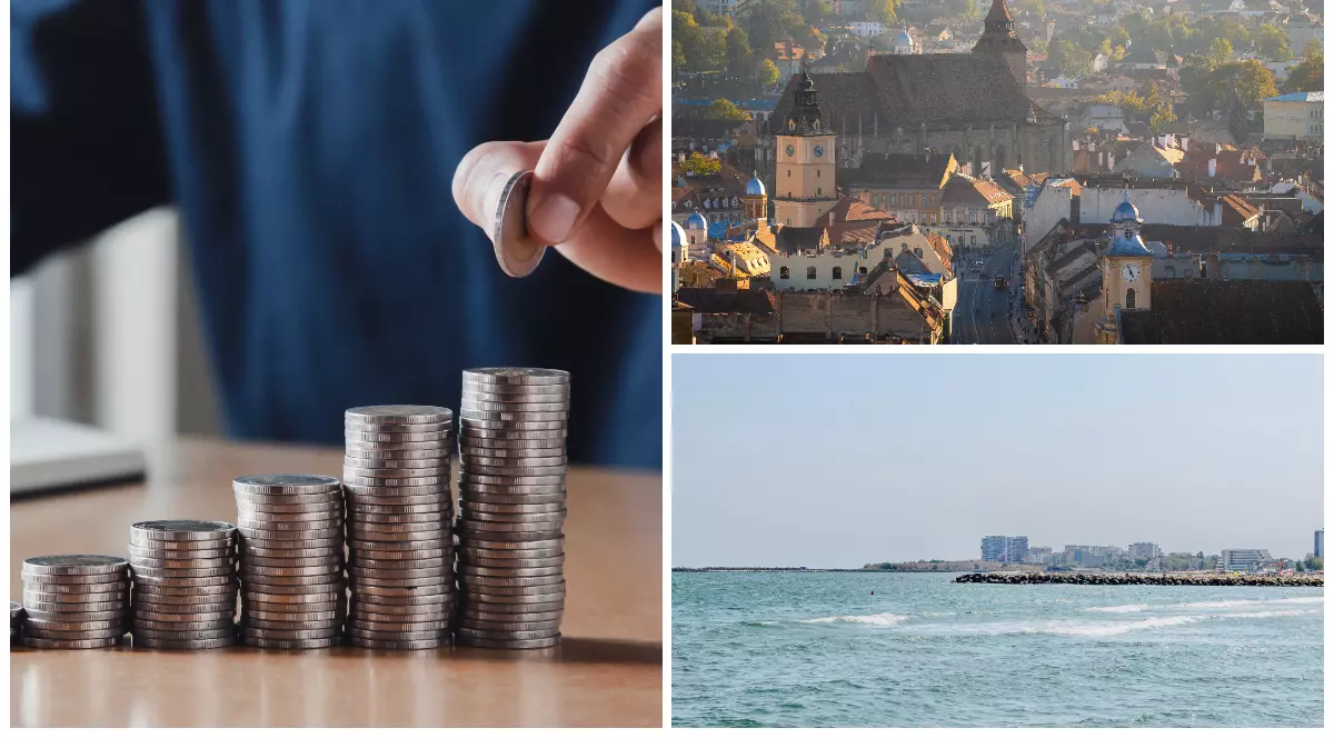 În partea stângă este ilustrat un bărbat care ține între degete o monedă, iar în partea dreaptă sunt ilustrate două imagini de la munte și mare