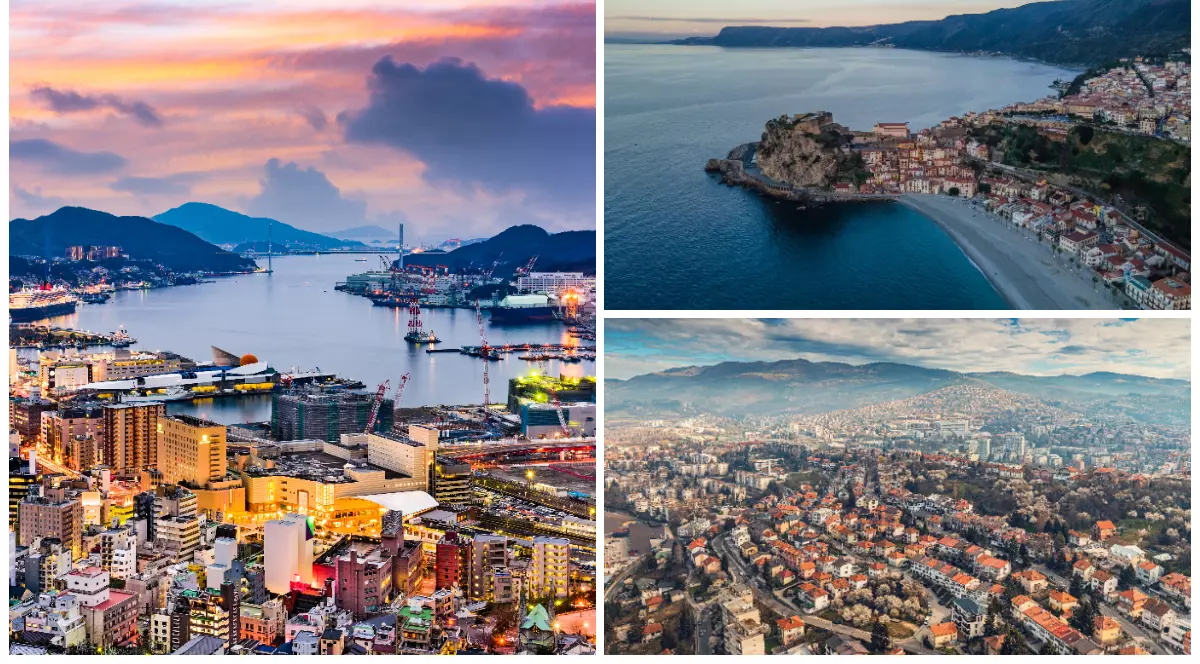 În imagine sunt ilustrate panoramele a trei orașe diferite.