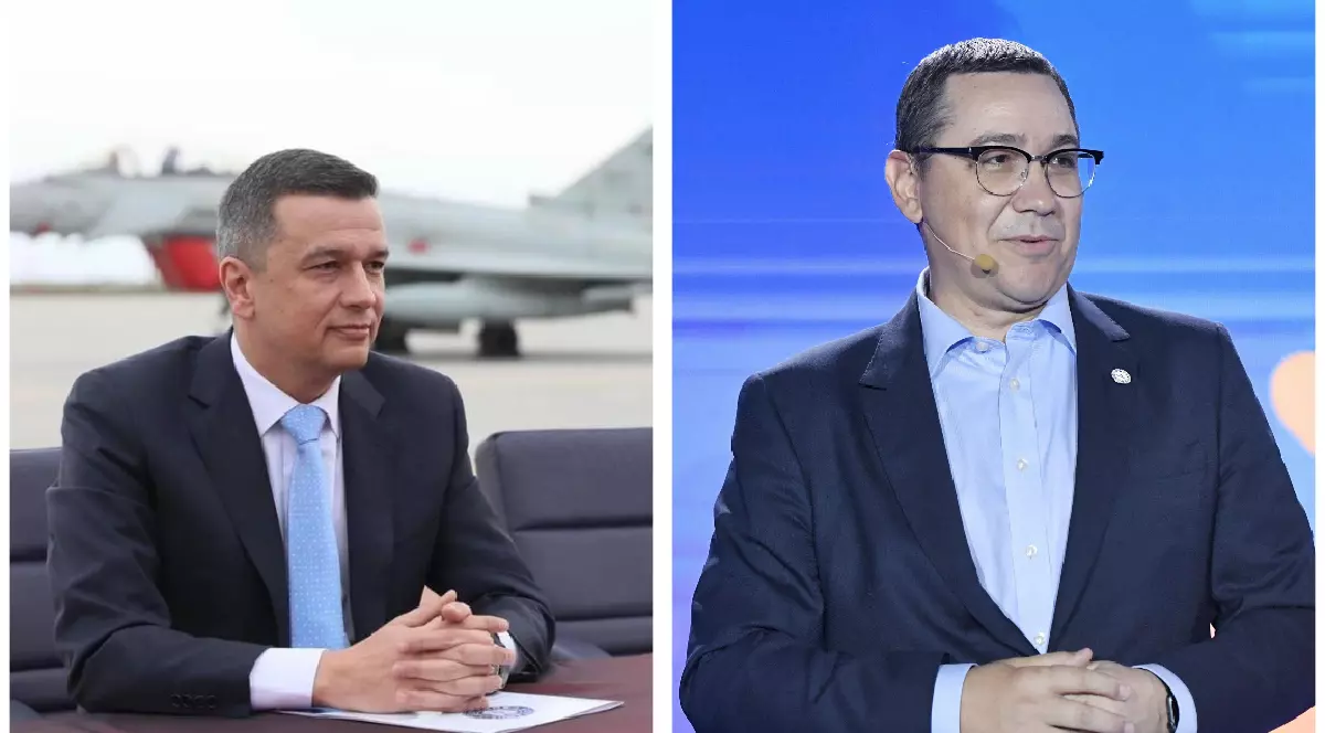 Sorin Grindeanu și Victor Ponta, ambii îmbrăcați în costume negre, cu cămăși albe și cravate albastru deschis.