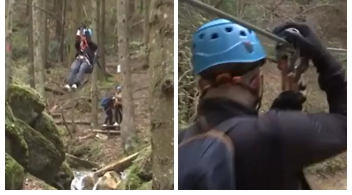 În imagini sunt ilustrați oameni care se dau pe tiroliană