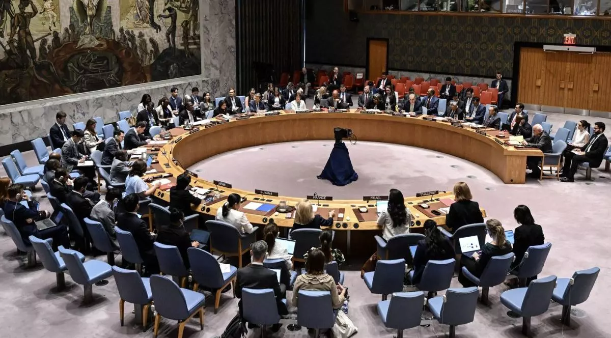 O vedere generală a sălii în timpul reuniunii Consiliului de Securitate al Națiunilor Unite (UNSC) privind Gaza și situația din Orientul Mijlociu la sediul ONU din New York, Statele Unite, pe 13 august 2024