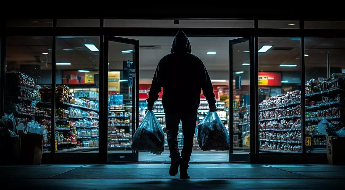 Un bărbat într-un hanorac negru cu gluga ridicată iese noaptea din magazin