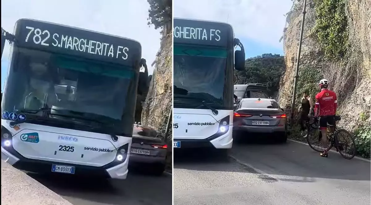 Un BMW rămâne blocat pe un drum îngust în Portofino