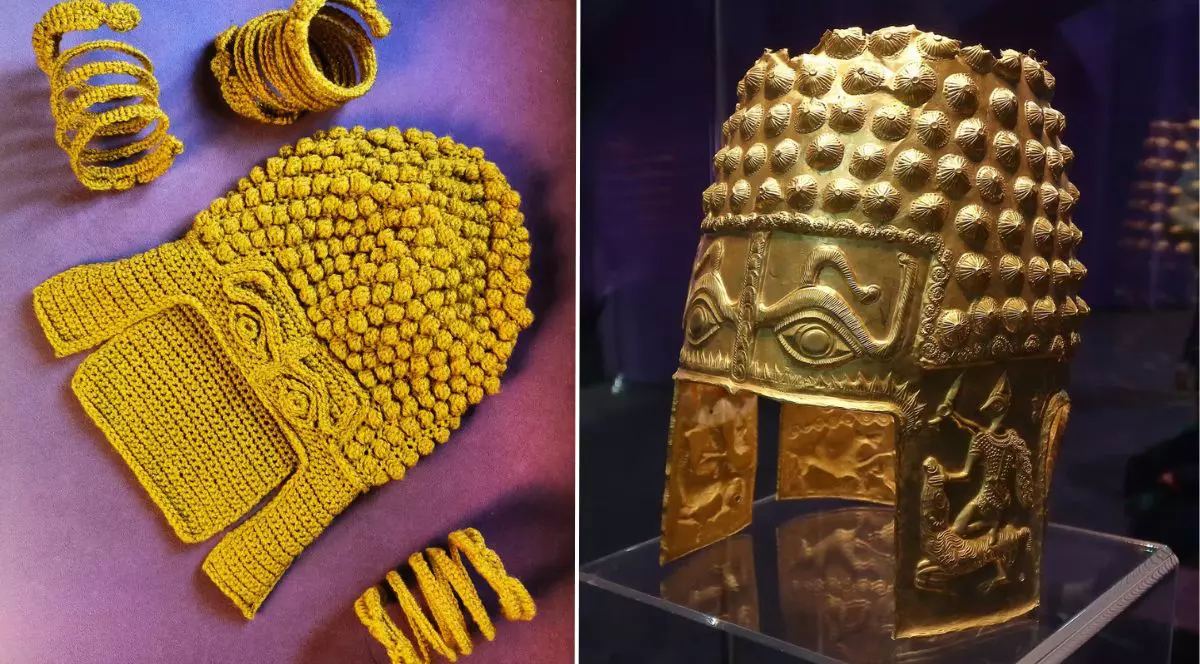 coif de la Coțofenești, varianta croșetată (stânga) și varianta reală, expusă în Muzeul Național de Istorie (dreapta)