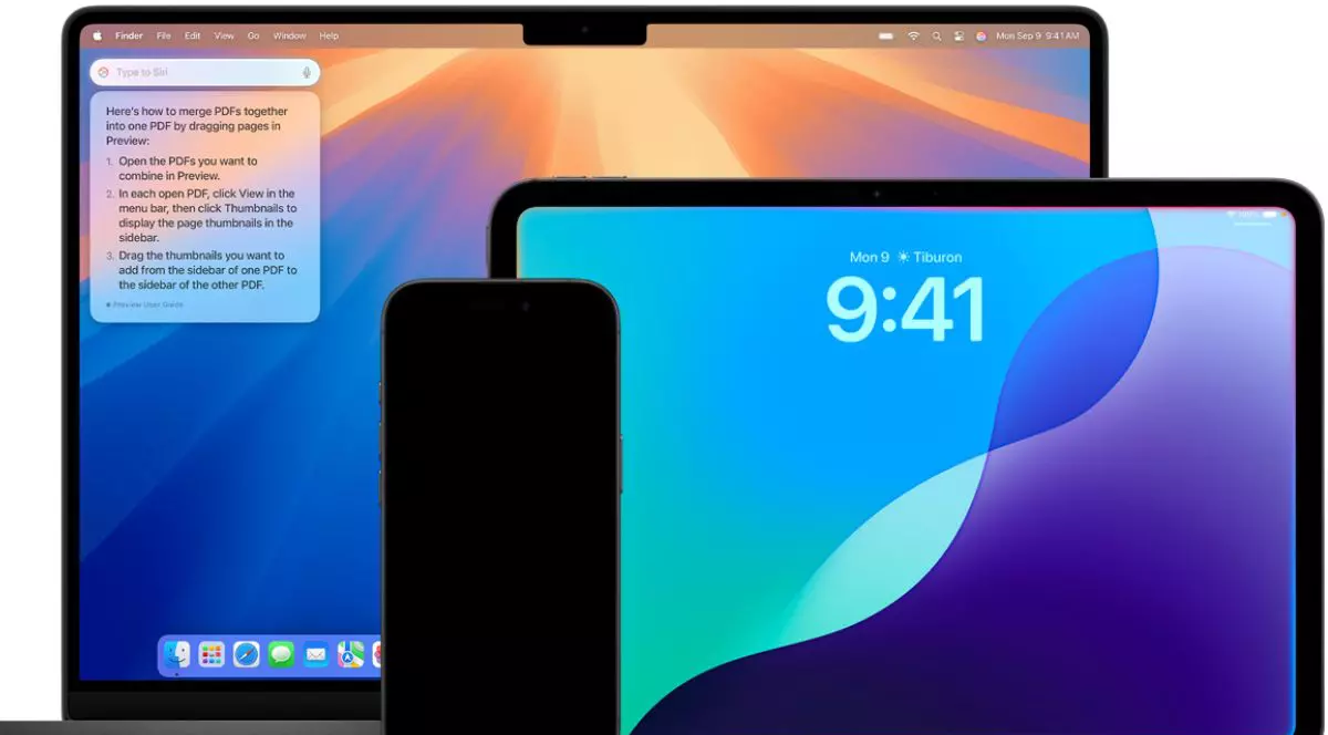 Un laptop MacBook Pro, un iPhone și un iPad, unele lângă celelalte pentru o poză sugestivă cu Apple Intelligence.