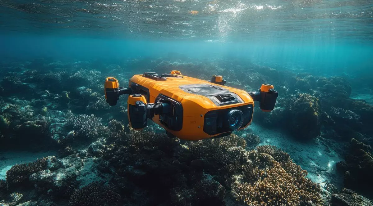 dronă subacvatică care plutește deasupra unui recif de corali