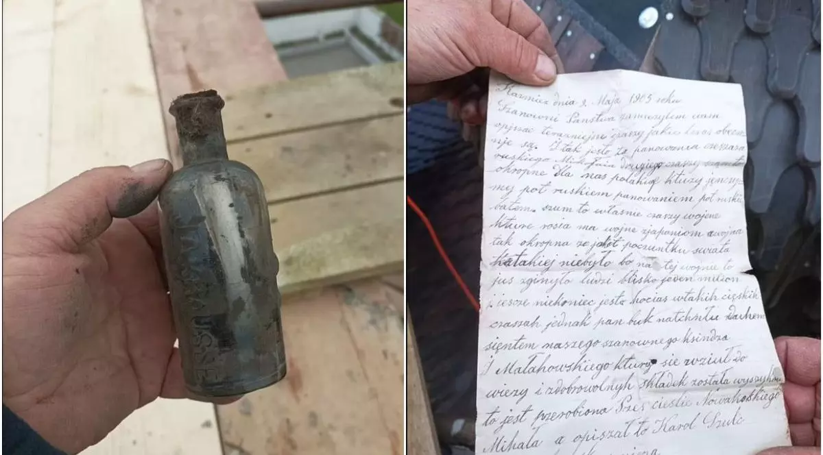 O sticlă mică, veche și prăfuită, alături de un bilet scris de mână în urmă cu 120 de ani