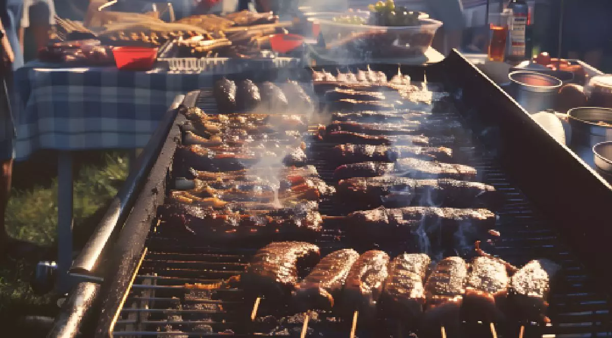 Din cârnații așezați pe grătar iese fumul,în planul secund se văd oamenii care mănâncă