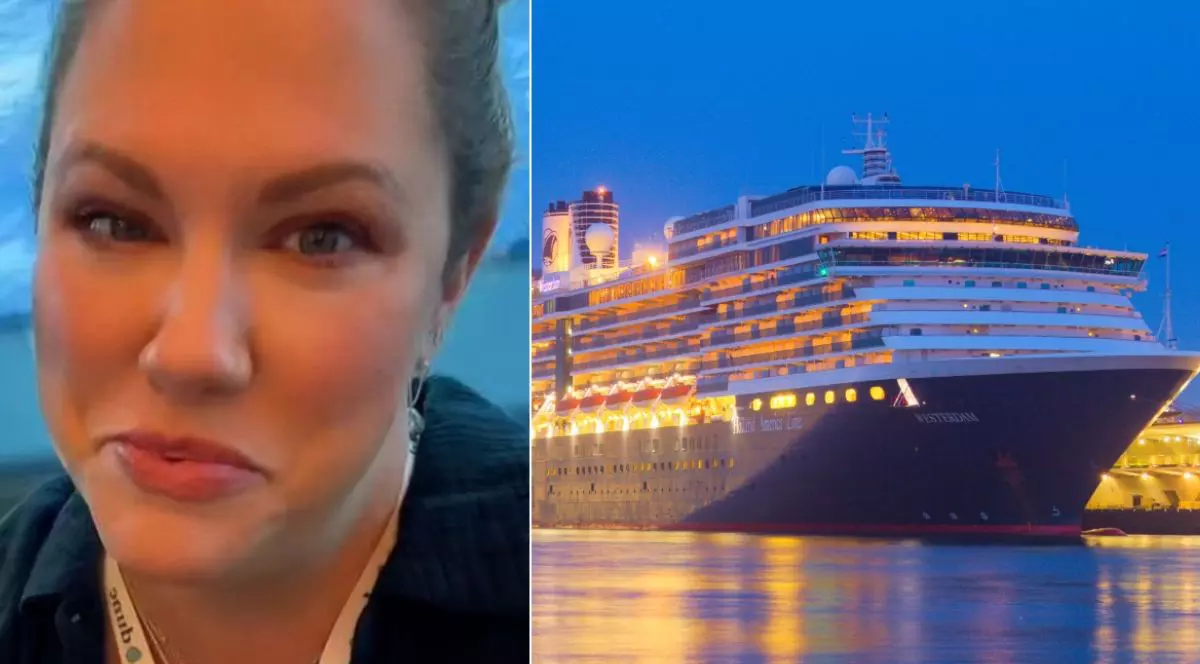 Colaj foto cu Christine Kesteloo, director la compania de croazieră, în stânga, și o navă de croazieră, noaptea, cu luminile aprinse, în dreapta