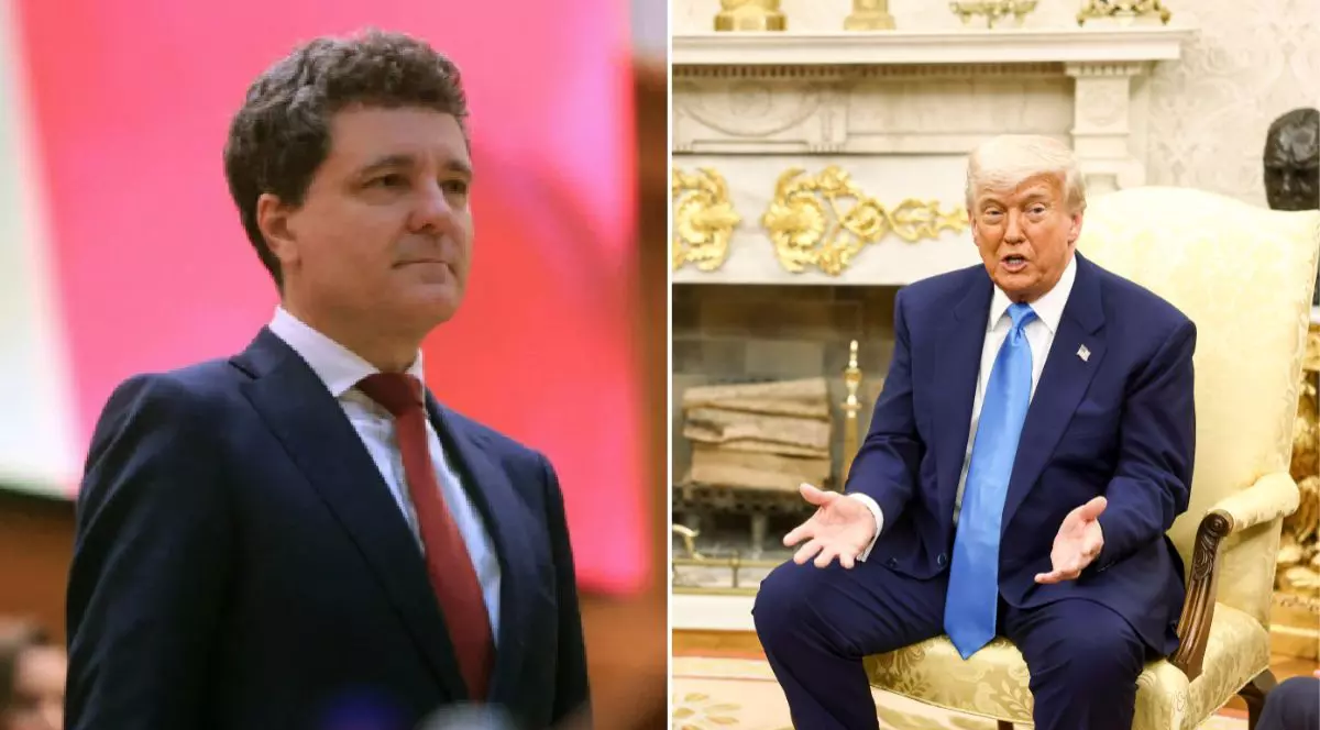 colaj foto format din 2 fotografii - Nicușor Dan, în picioare, în timpul depunerii jurământului și DonaldTrump (dreapta) așezat pe un scaun auriu