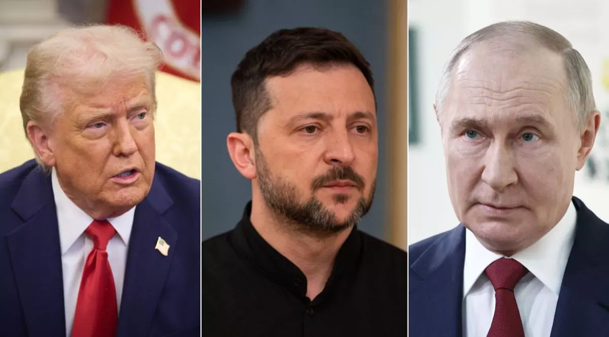 Colaj cu Donald Trump (stânga), Volodimir Zelenski (în centru) și Vladimir Putin Foto: Hepta