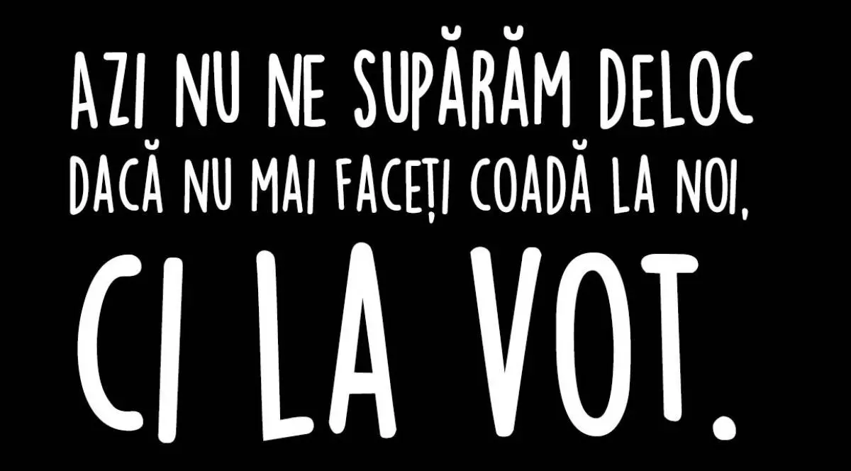 O imaginea în care, pe fundal negru, scrie cu litere albe: Nu ne supărăm dacă nu mai faceți coadă la noi, ci la vot.