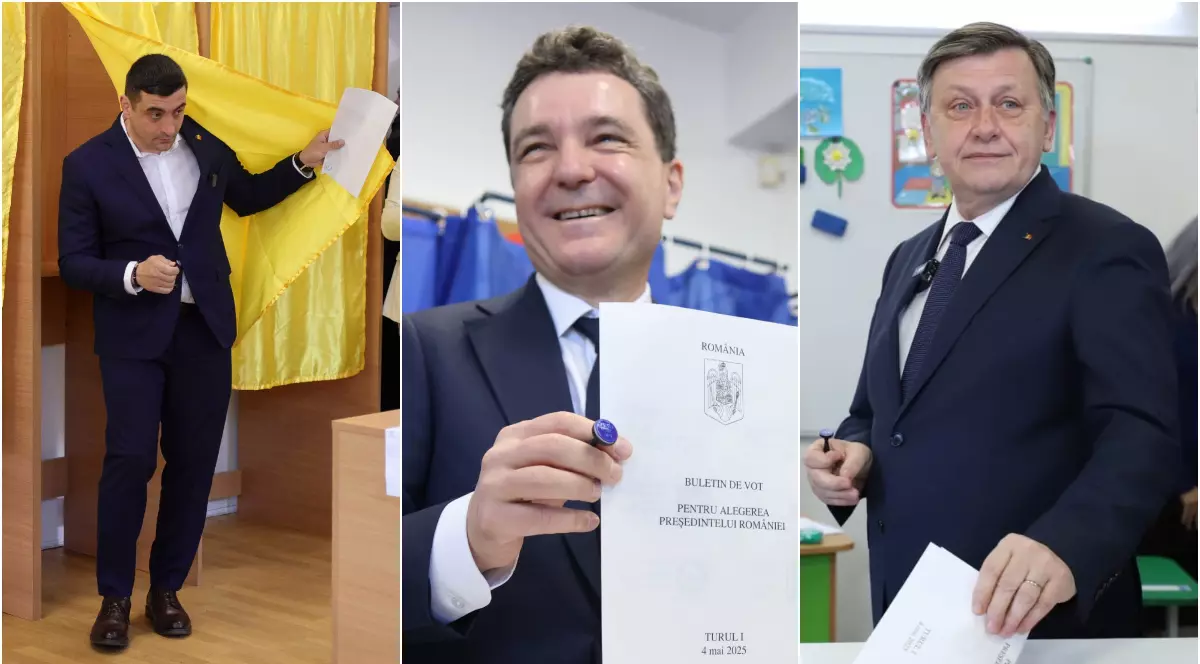 Colaj foto cu George Simion când iese din cabina de vot, în stânga, Nicușor Dan, în centru, în timp ce zâmbește și introduce buletinul de vot în urnă, și Crin Antonescu, în dreapta, când introduce buletinul de vot în urnă