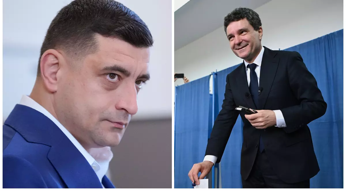 În imaginea din stânga este George Simion, îmbrăcat în costum albastru și cămașă albă, iar în partea dreaptă este Nicușor Dan, îmbrăcat în costum negru. Acesta se află într-o secție de votare și ține în mână un buletin de vot pe care îl introduce în urnă.