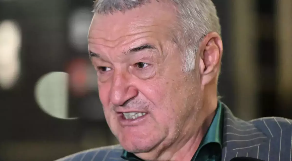 În imagine este ilustrat Gigi Becali, îmbrăcat în sacou gri și cămașă verde. Acesta vorbește în timpul unui interviu