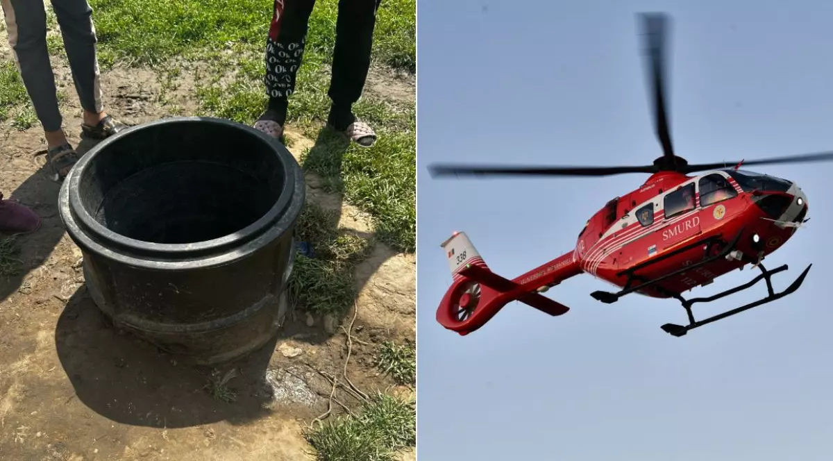 Colaj foto cu două fotografii. În partea stângă gura de canal din Ghidigeni, Galați în care a căzut copilul, iar în partea dreapta un elicopter SMURD, de culoare roșie, care zboară