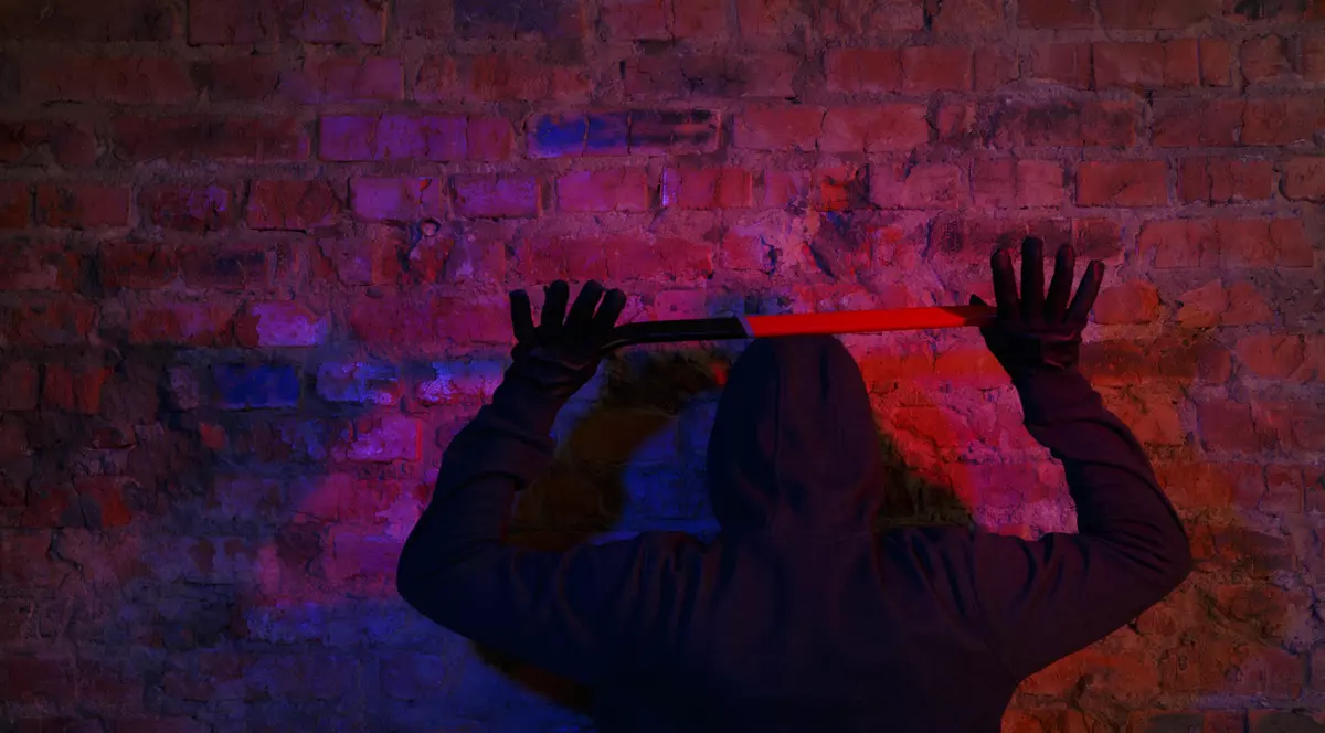 Hoț cu brațele ridicate stând cu spatele la un zid de cărămidă