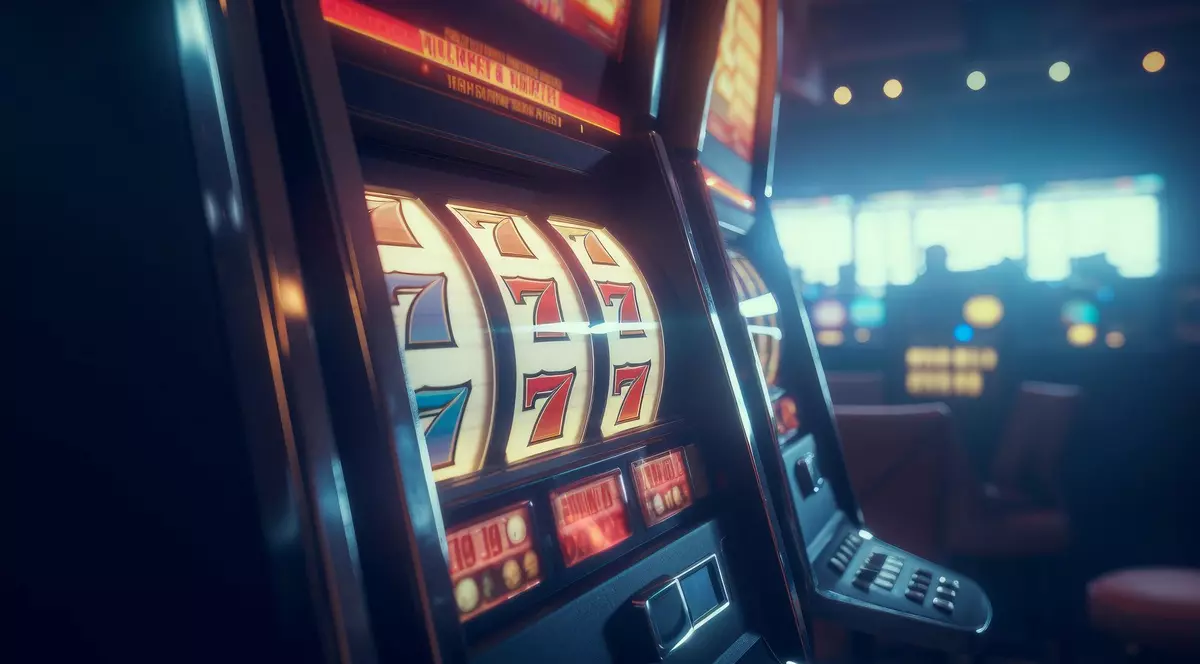 Poză cu o mașinărie dintr-un cazinou. Pe ecran sunt afișate cifrele 777