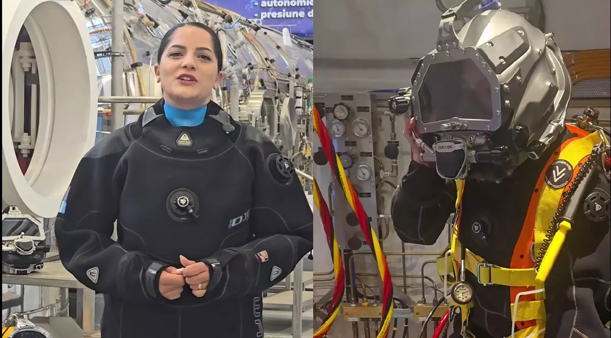 O femie îmbrăcată în costum de scafandru negru, în stânga, o femeiei in costum de scafandru portocaliu, dreapta