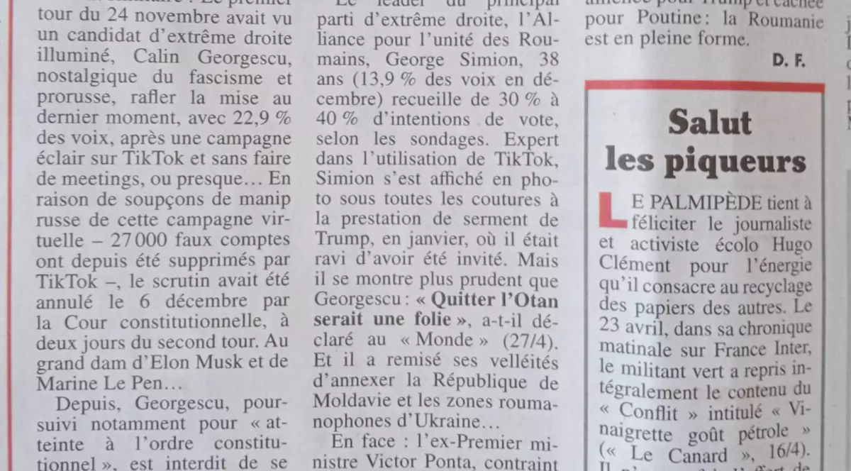 Un articol despre alegerile prezidențiale din România publicat în săptămânalul satiric "Le canard enchaine" al cărui titlu este "Iepuri ruși la București"