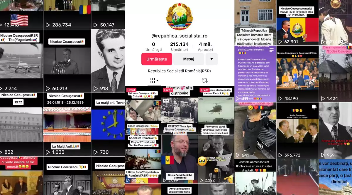 Mai multe capturi de ecran de pe tiktok, in imagini apar simboluri ale comunsimului, imaginea lui Nicolae Ceausescu