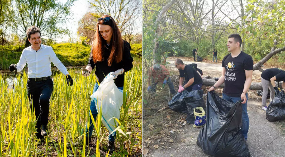Colaj foto cu Nicușor Dan, în stânga, îmbrăcat cu o cămașă albă, alturi de o femeie roșcată, în timp ce adună gunoaie dintr-un parc, iar George Simion, în dreapta, îmbrăcat într-un tricou negru, cu un sac negru în mână, când adună gunoaie de pe aleea unui parc