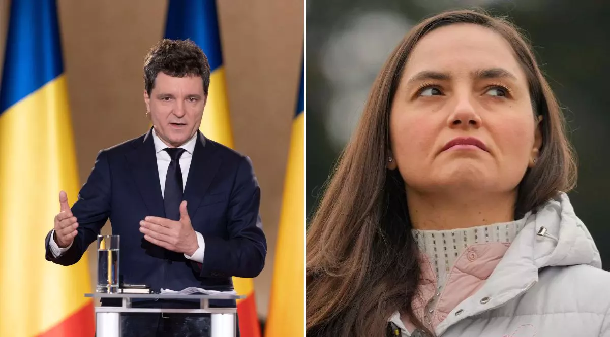 colaj foto Nicușor dan (stânga) aflat la un pupitru și Anamaria Gavrilă (dreapta) cu fruntea ridicată în timp ce se încruntă