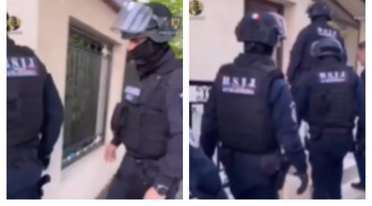 În imagine apar mascați de la trupele speciale (BSIÎJ), echipați cu veste antiglonț și căști de protecție, în timpul unei descinderi.