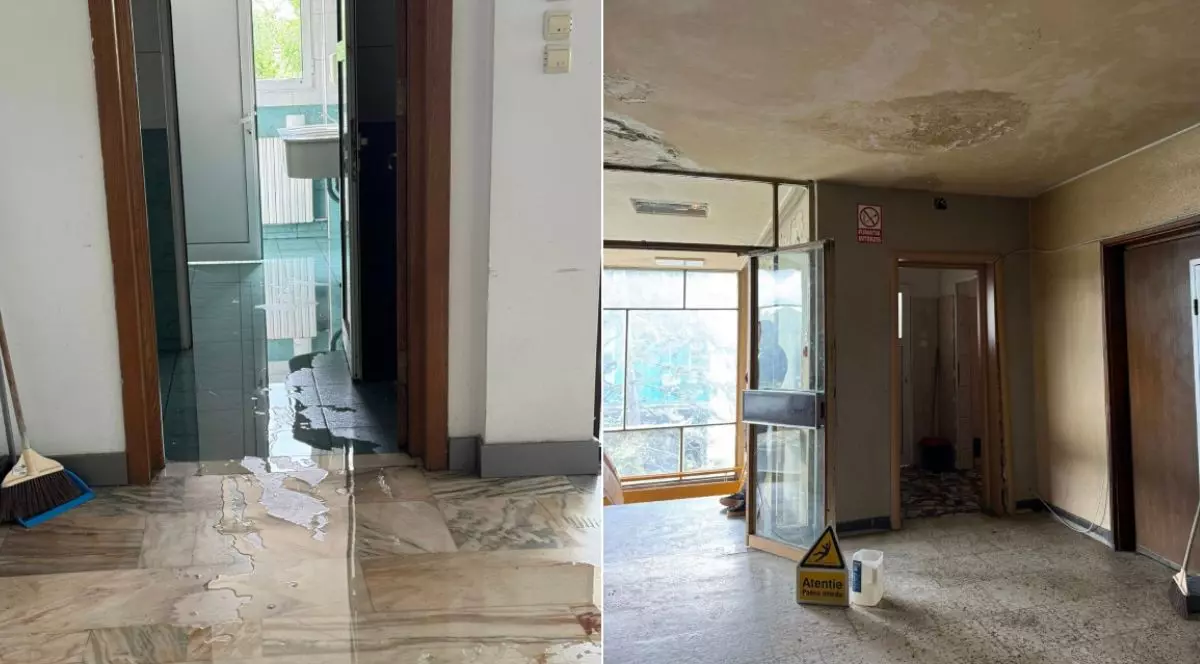 Colaj imagini cu interiorul unei cladiri, in stanga o baie inundată cu apă, in dreapta un hol cu mecegai pe tavan