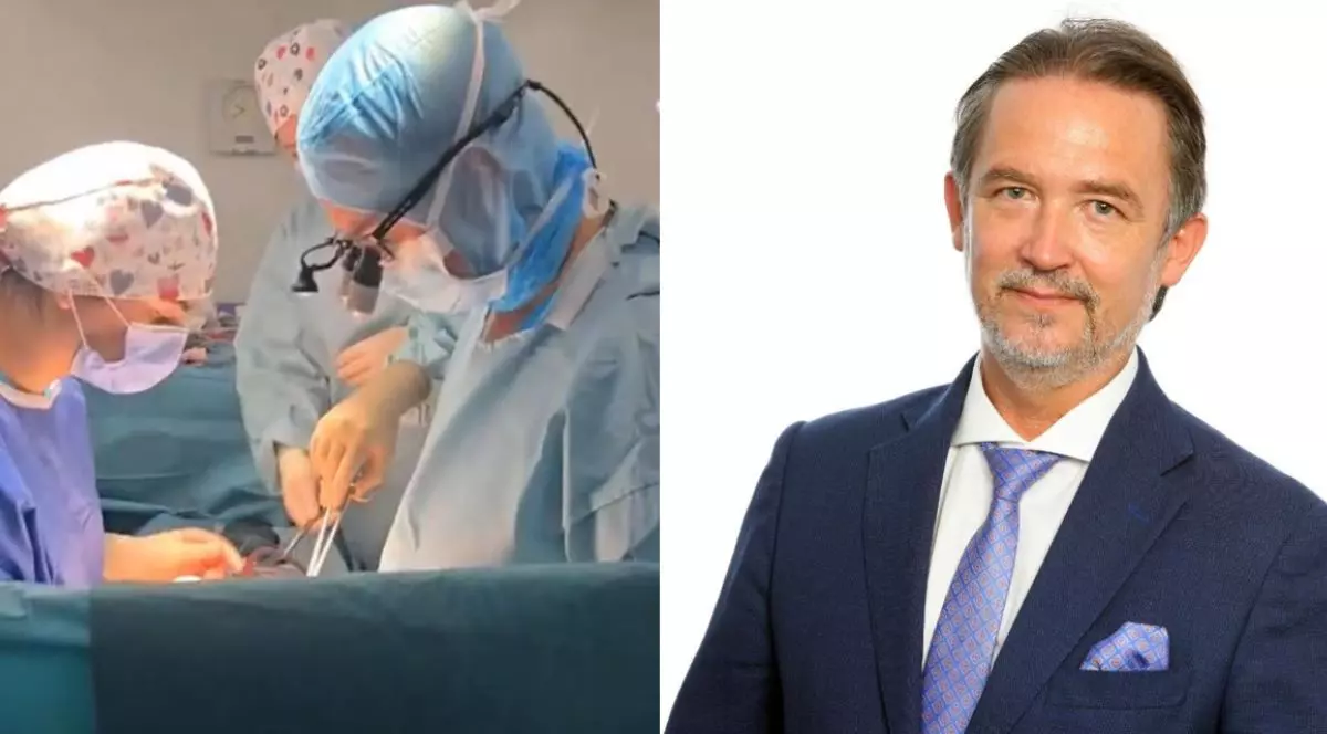 Colaj medici in sala de operație si dr Horațiu Suciu, in sacou inchis la culoare si camasa alba