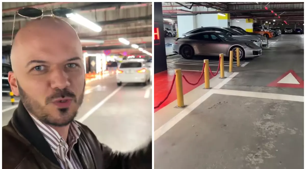 În imaginea din stânga este un bărbat care poartă ochelari pe cap și se află într-o parcare, iar în partea dreaptă sunt mașini în parcarea unui mall