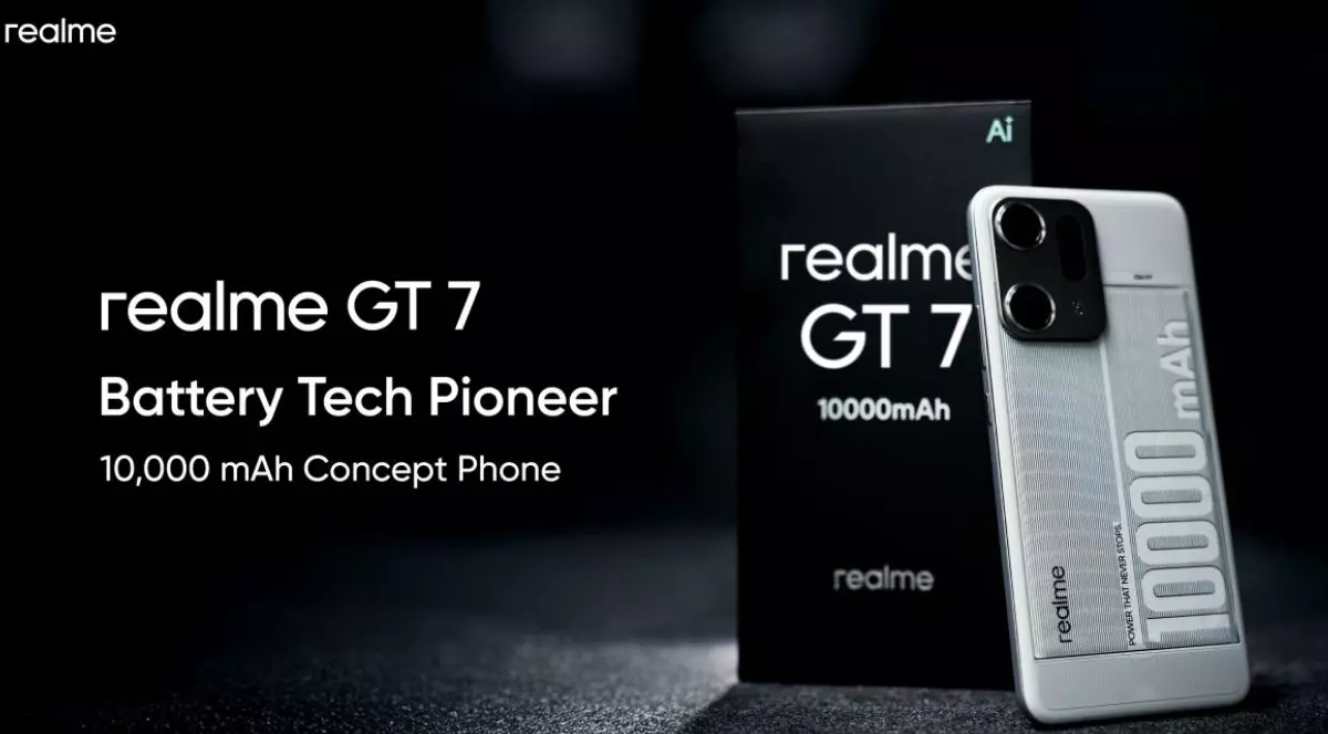 Poză de prezentare cu prototipul Realme GT gri, lângă cutia sa, pe un fundal negru publicitar.