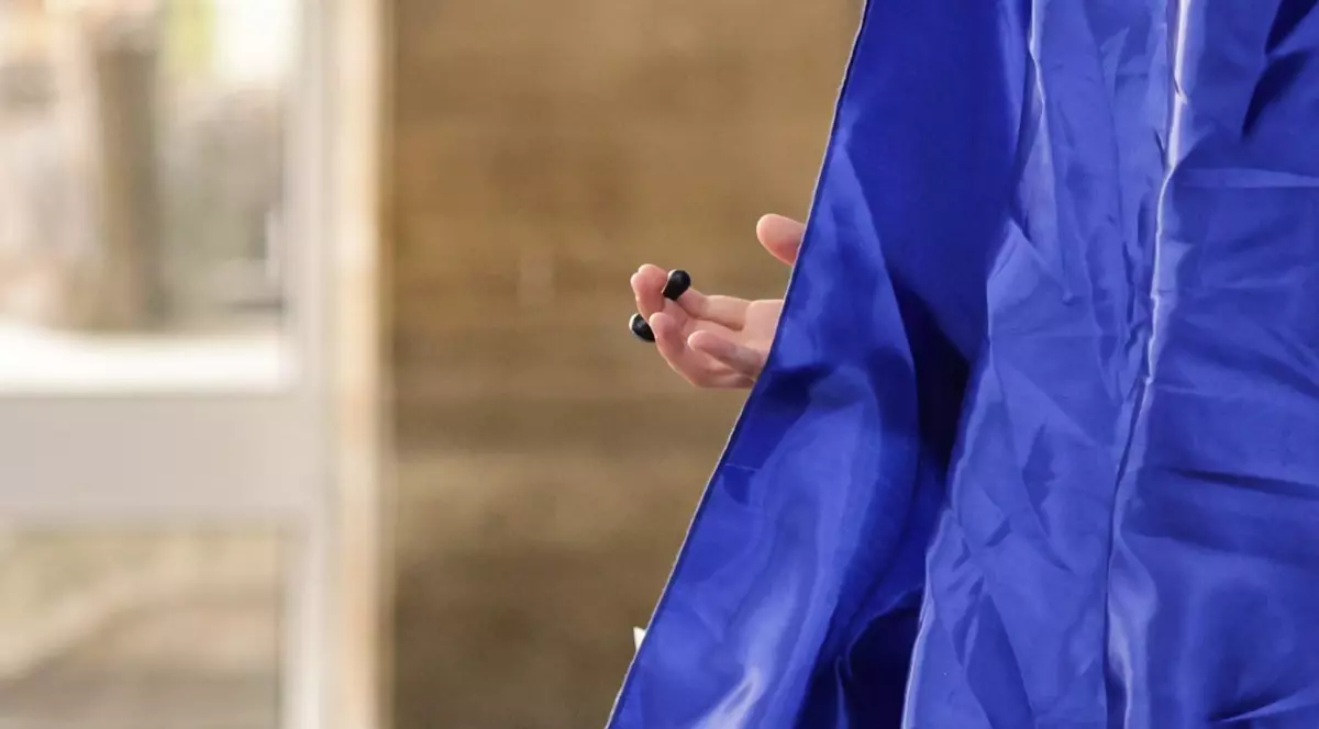 Poză cu o persoană aflată în cabina de vot, iar în poză i se vede doar o mână cu ștampila de vot