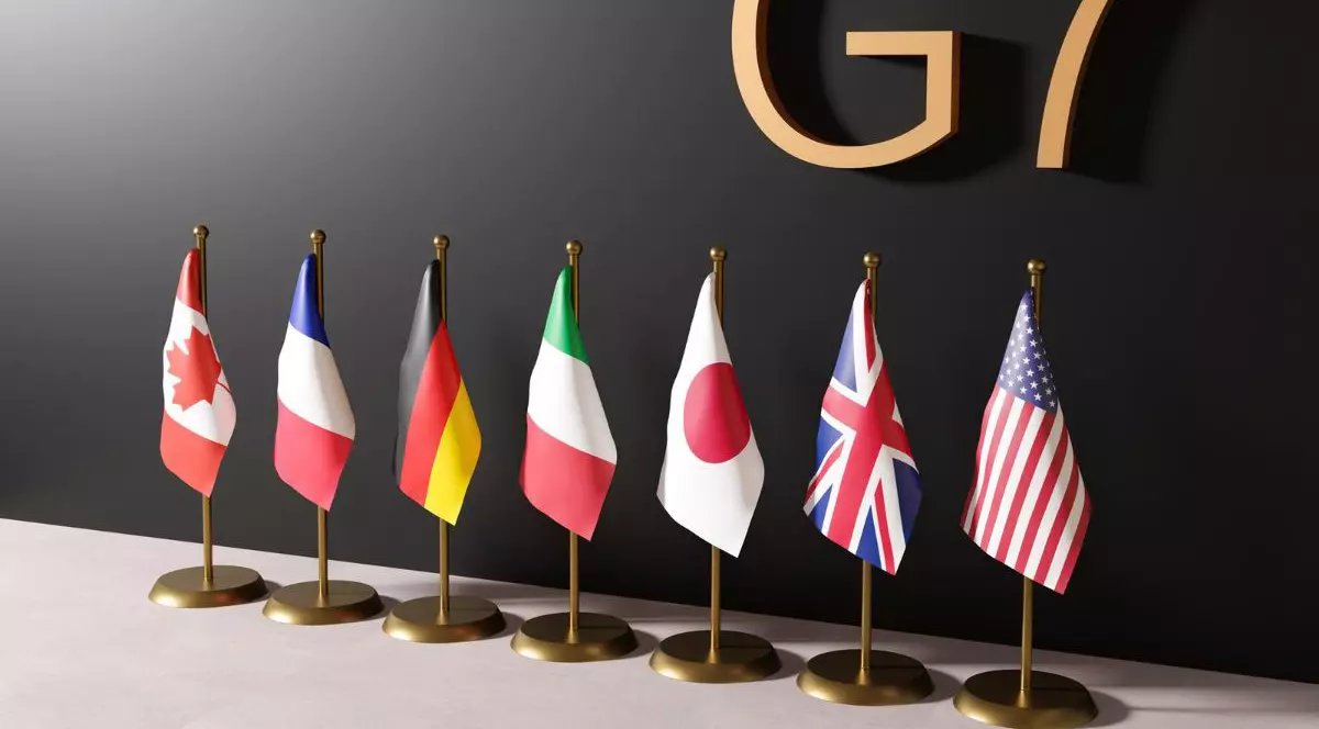 steaguri țări membre G7 (de la stânga la dreapta Canada, Franța, Germania, Italia, Japonia, Marea Britanie, SUA)