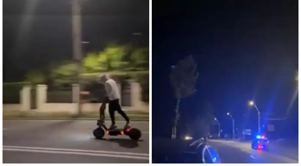 În imaginea din stânga este un băiat în hanorac pe o trotinetă. În partea dreaptă este o mașină de poliție care are girofarele pornite.