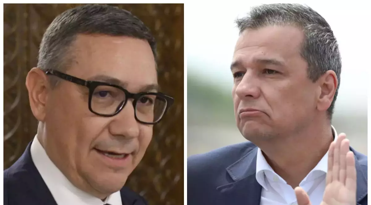 În imagine este ilustrat Victor Ponta, în partea stângă, în costum negru și cămașă albă, iar în dreapta este Sorin Grindeanu, în costum gri și cămașă albă