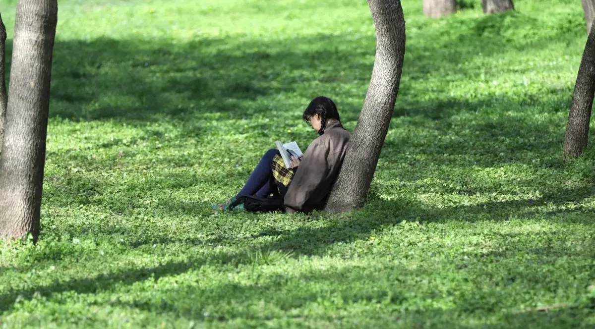 O tânără cu codițe stă pe iarbă, sprijinită de un copac și citește o carte, în parcul Cișmigiu din București, 22 aprilie 2025