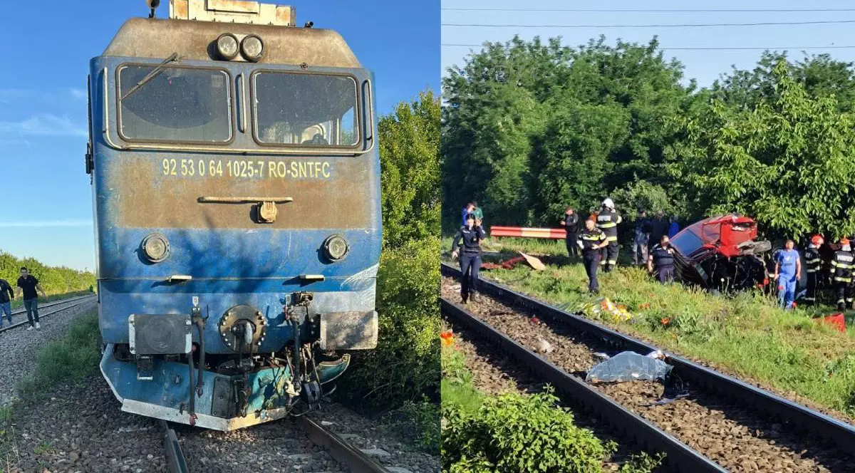 Locomotiva trenului care a spulberat autoturismul pe șina de cale ferată și echipele de intervenție care acționează pentru salvarea victimelor.