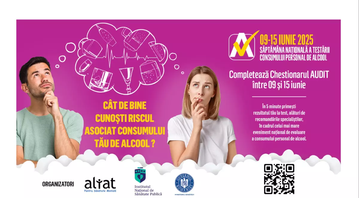 Românii îşi pot evalua consumul de alcool între 9 și 15 iunie 2025, în cadrul campaniei Săptămâna Naţională a Testării AUDIT