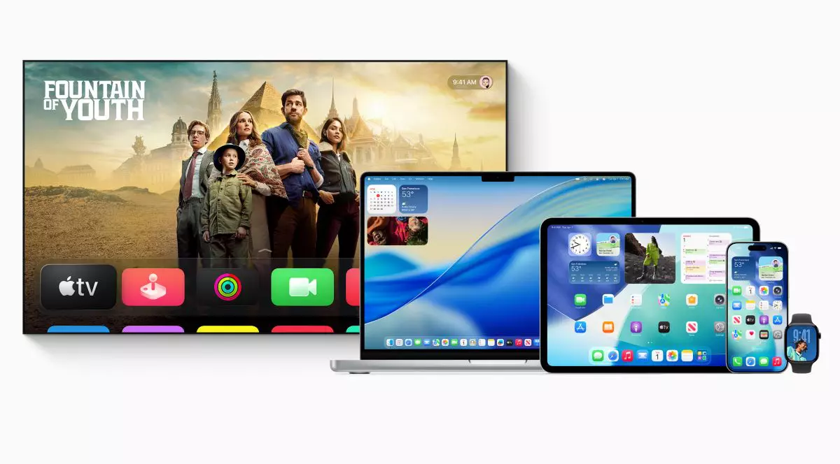Apple Tv, MacBook, iPad, iPhone și Apple Watch, toate așezate unul lângă celălalt pe un fundal alb.