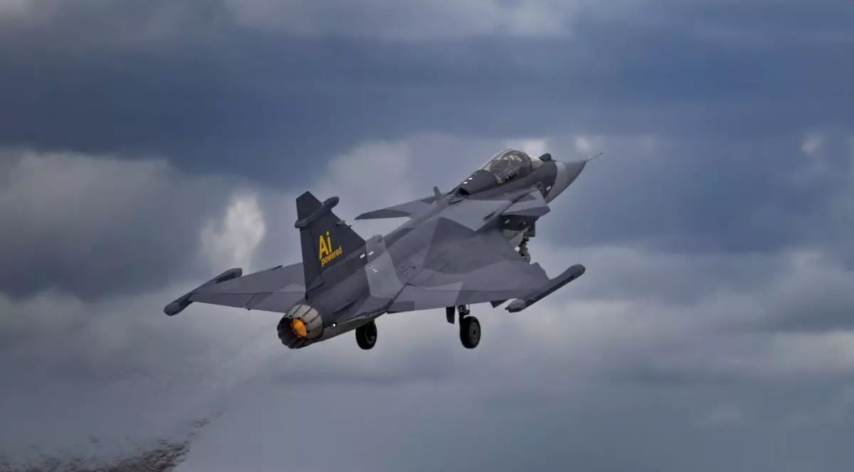 avionului de luptă Saab Gripen E, pilotat de inteligența artificială, în zbor