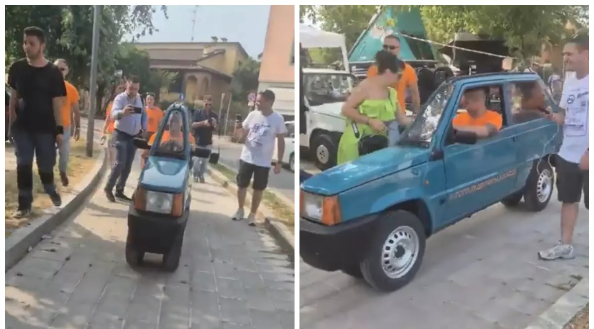 Eveniment stradal unde este prezentată cea mai subțire mașină din lume, de 48 cm lățime.