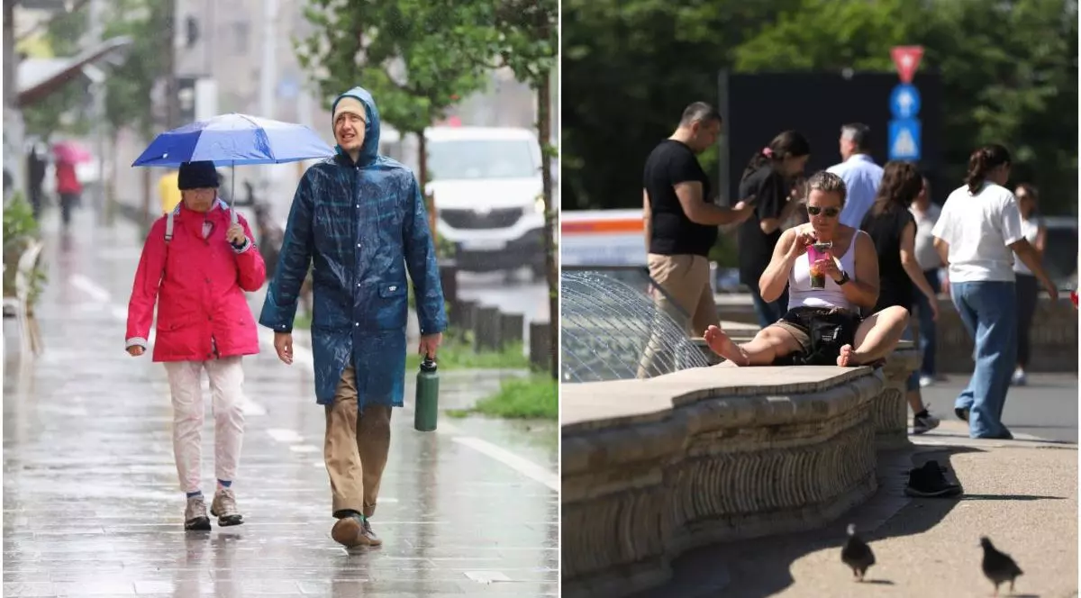 Un colaj foto: în prima imagine este o zi ploioasă, se vede un bărbat cu pelerină de ploaie, iar în spatele lui este o femeie cu geacă roșie și umbrelă. În imaginea din dreapta, este o femeie în pantaloni scurți care stă pe marginea unei fântâni arteziene, iar în spatele ei alți oameni cu tricouri care trec pe acolo, fiind o zi caldă de vară