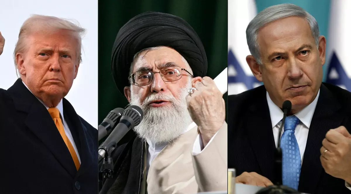 Colaj cu Donald Trump (stânga), ayatollahul suprem Ali Khamenei (centru) și Benjamin Netanyahu. Cu toții au pumnii strânși, un indiciu al tensiunilor din Orientul Mijlociu Foto: Profimedia