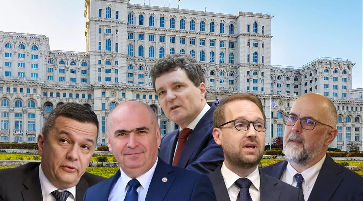 Colaj fundal Palatul Parlamentului și Sorin Grindeanu, Ilie Bolojan, Nicușor Dan, Dominic Fritz, Kelemen Hunor (de la stânga)