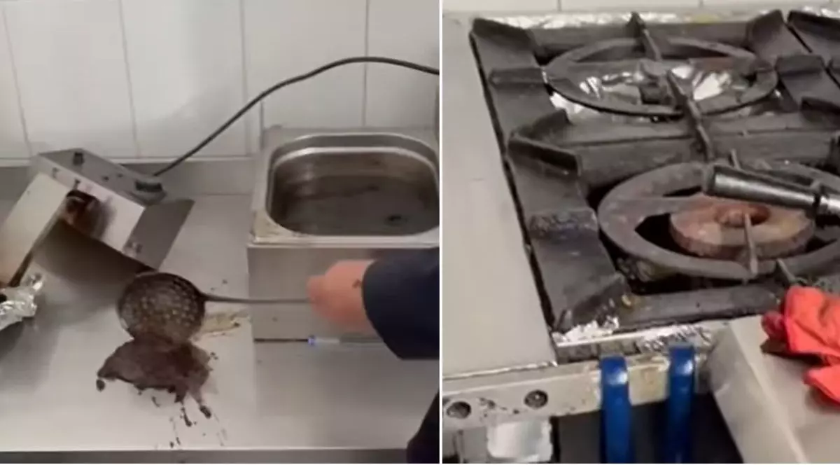 colaj foto format din două fotografii: stânga, Cristian Popescu Piedone varsă cu o sumieră particule negre dintr-o vană cu ulei de gătit murdar, dreapta - aragaz murdar și ruginit
