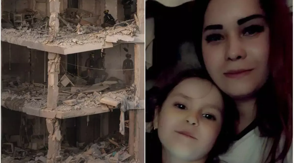 Clădirea bombardată din Israel în care locuia familia din Ucraina în stânga, iar în partea dreaptă este fetița bolnavă de cancer, care făcea tratament în Israel, și mama ei, Israel, iunie 2025