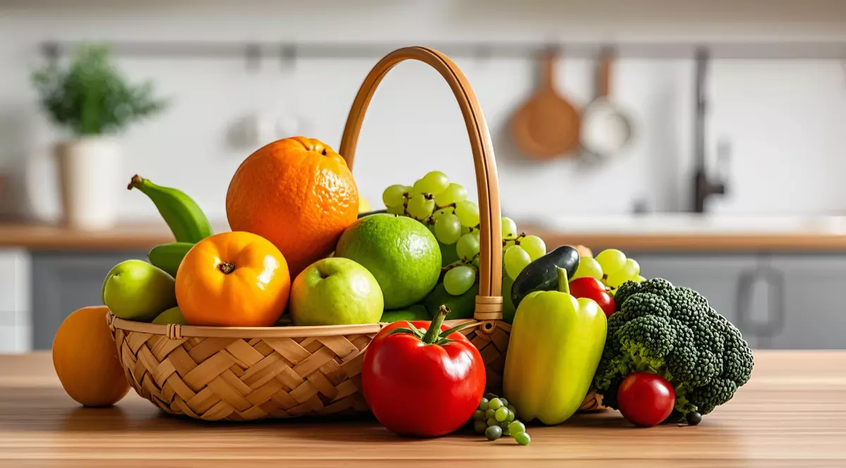 În imagine sunt ilustrate fructe și legume în coș