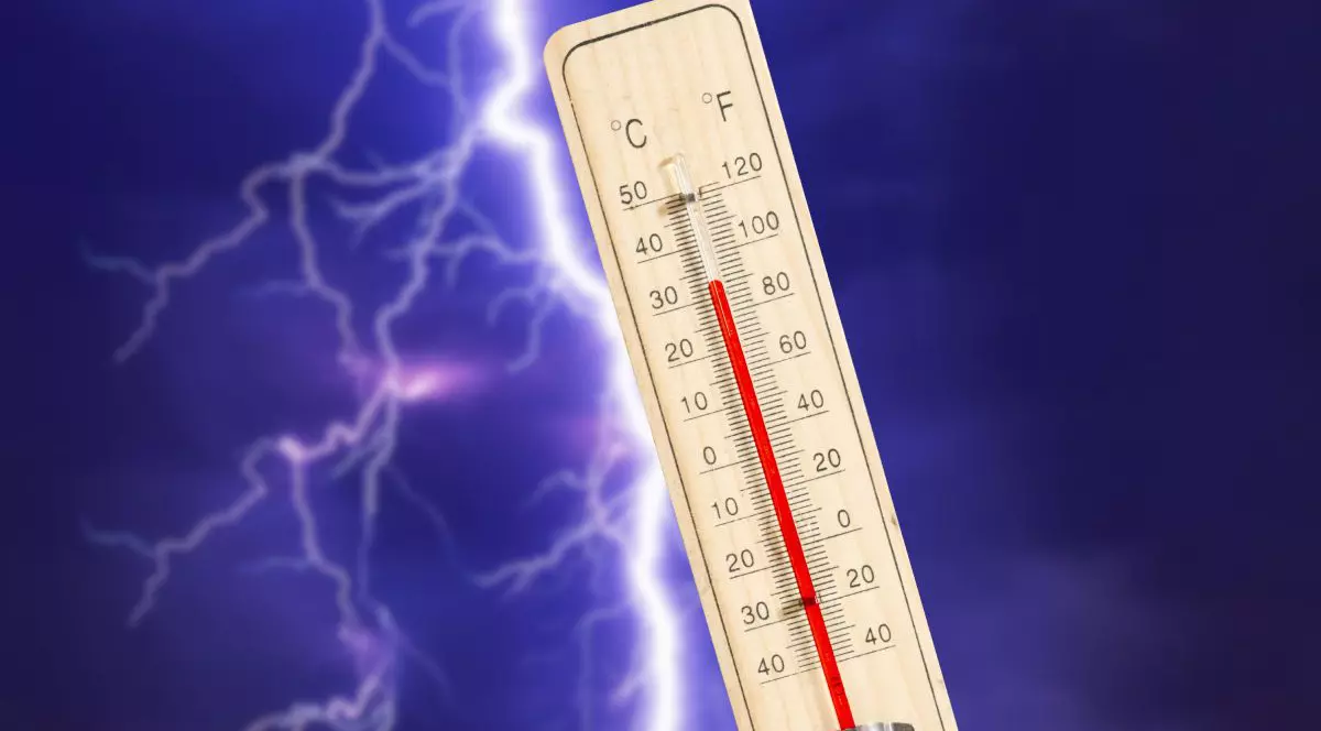Imagine creativă cu un termometru care indică căldură excesivă, peste 30 de grade Celsius, iar pe fundal nori de furtună și fulgere