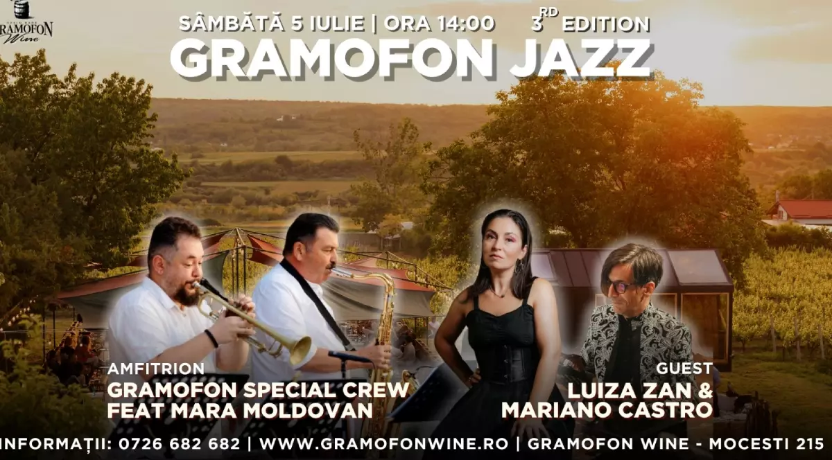 O trupă de jazz, trei bărbați si o femeie. Pe fundal, un copac la apus și o vie.